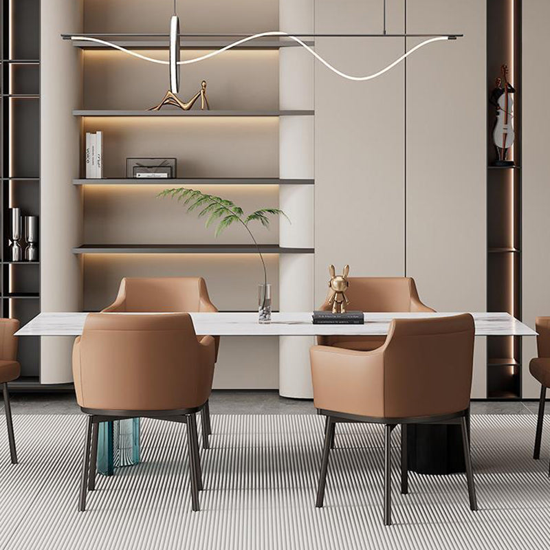 Chaise de salle à manger moderne minimaliste carrée en cuir microfibre rembourré avec dossier et accoudoir en métal 