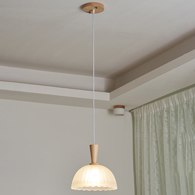 Suspension Luminaire Moderne Minimaliste Rond en Verre à Rayures en Dentelle avec Bois 1-Lumière pour Salon 