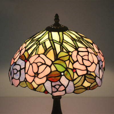 Traditionelle Tiffany Rose Blume Buntglas Kuppel 1-Licht Tischlampe für Schlafzimmer 