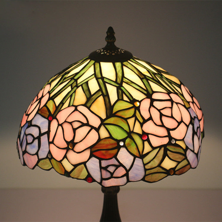 Traditionelle Tiffany Rose Blume Buntglas Kuppel 1-Licht Tischlampe für Schlafzimmer 