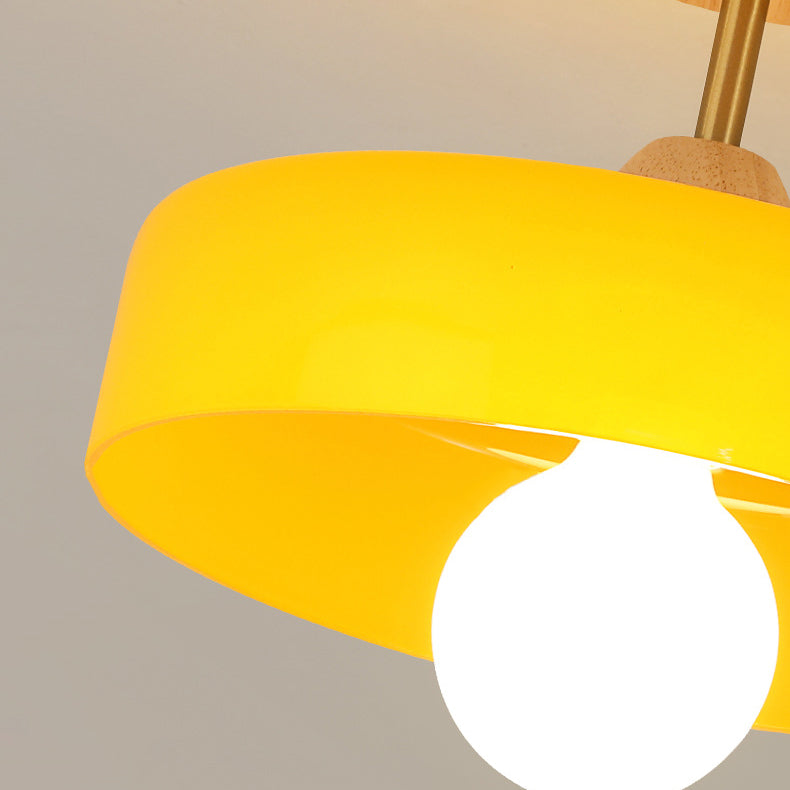 Moderne minimalistische runde Holzglas-Deckenleuchte mit 1 Licht, halbbündige Montage für Wohnzimmer 