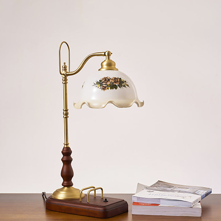 Lampe de Table Traditionnelle Rétro Florale en Bois Massif avec Verre Cuivre à 1 Lumière pour Chambre 