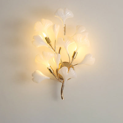 Applique murale contemporaine créative en feuille de ginkgo en fer plastique porcelaine 2/3 lumières pour salon 