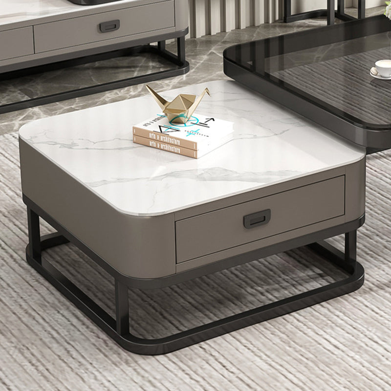 Modern Minimalist Square Rock Slab Glass Carbon Steel Faux Leather MDF Combination Coffee Table 1-Drawer For Living Room