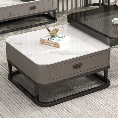 Table basse moderne minimaliste carrée en dalle de roche, verre et métal, avec 1 tiroir pour le salon 