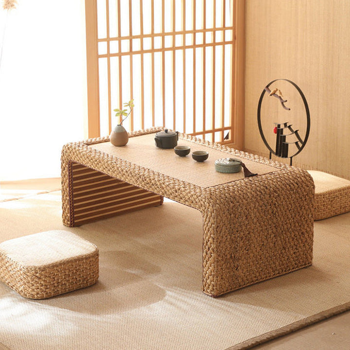 Mesa de café de tatami con marco de madera rectangular de ratán japonés tradicional para sala de estar 