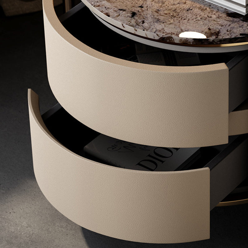 Modern Luxury Round Tabletop Marble Plywood Stainless Steel Microfiber Leather Nightstand 2-Drawer For Bedroom