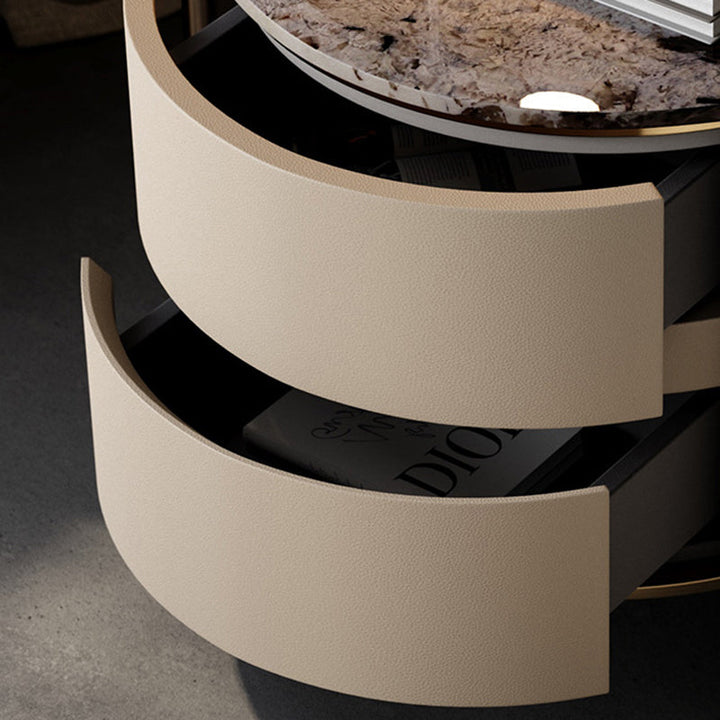 Modern Luxury Round Tabletop Marble Plywood Stainless Steel Microfiber Leather Nightstand 2-Drawer For Bedroom