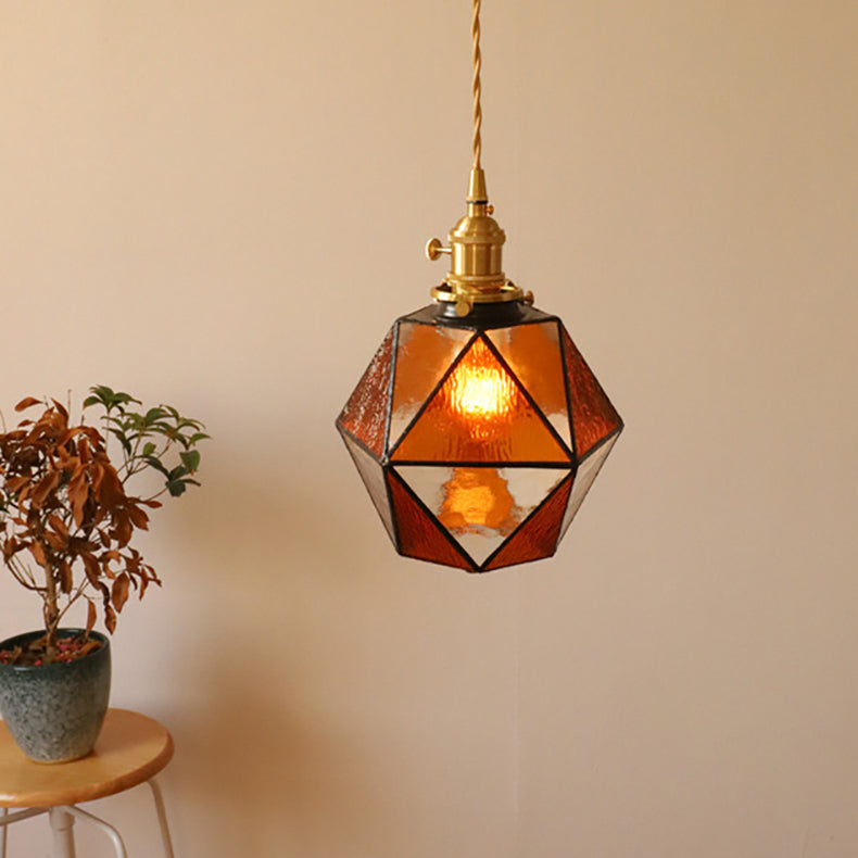 Traditional Tiffany Iron Brass Glass Polygonal Diamond 1-Light Pendant Light For Dining Room