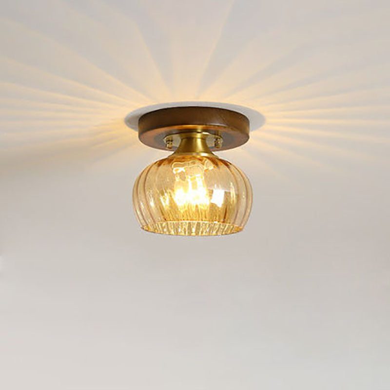 Modern Transitional Glass Cup Shape Solid Wood 1-Light Semi-Flush Mount Ceiling Light For Living Room