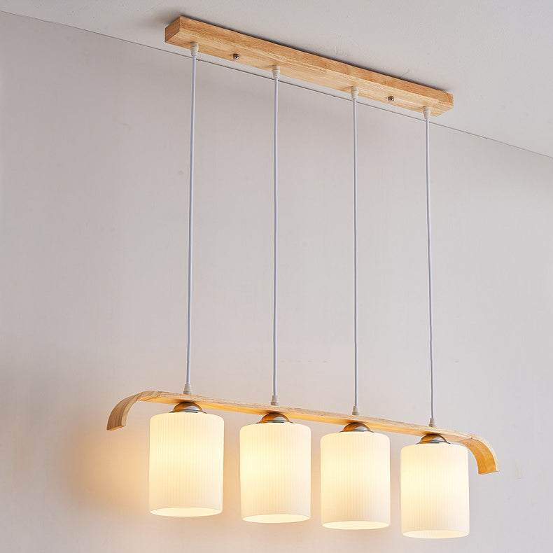 Zeitgenössischer skandinavischer langer Zylinder aus Glas und Holz mit 4 Lichtern, Inselleuchter für Wohnzimmer 