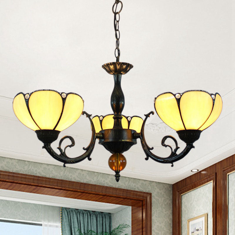 Traditional Tiffany Flower Iron Alloy Stained Glass 3-Light Chandelier For Living Room