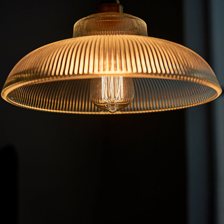 Traditionelle Vintage gerippte Glasscheibe Schirm Messing 1-flammige Pendelleuchte für Wohnzimmer 