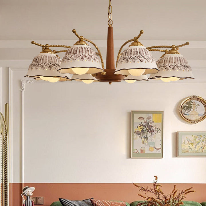 Traditional Vintage Half Round Copper Wood Ceramic 4/6/8 Light Chandelier For Living Room