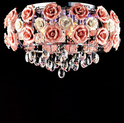 Moderne Minimaliste Rose Ronde Cristal Branche Cristal Fer 5/6 Lumière Plafonnier Pour Chambre 