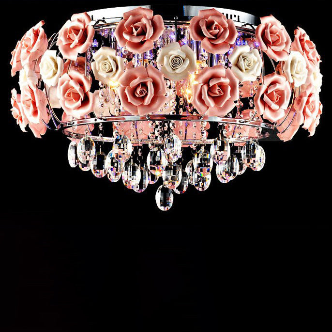 Moderne Minimaliste Rose Ronde Cristal Branche Cristal Fer 5/6 Lumière Plafonnier Pour Chambre 