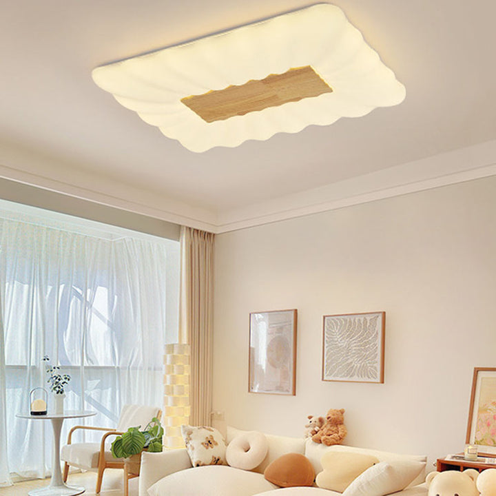 Moderno rectángulo de crema de madera de caucho hierro acrílico LED luz de techo empotrada 