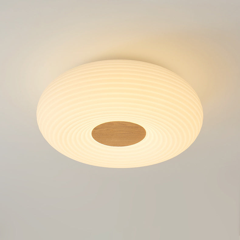 Contemporary Creative Cream PE Horizontal Stripes Round Shade LED Flush Mount Ceiling Light For Bedroom
