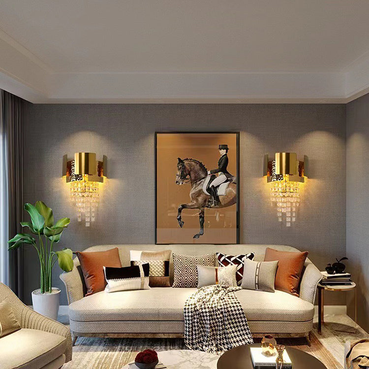 Applique Murale Moderne en Acier Inoxydable Doré de Luxe avec Pampilles en Cristal et 2 Lumières pour Salon 