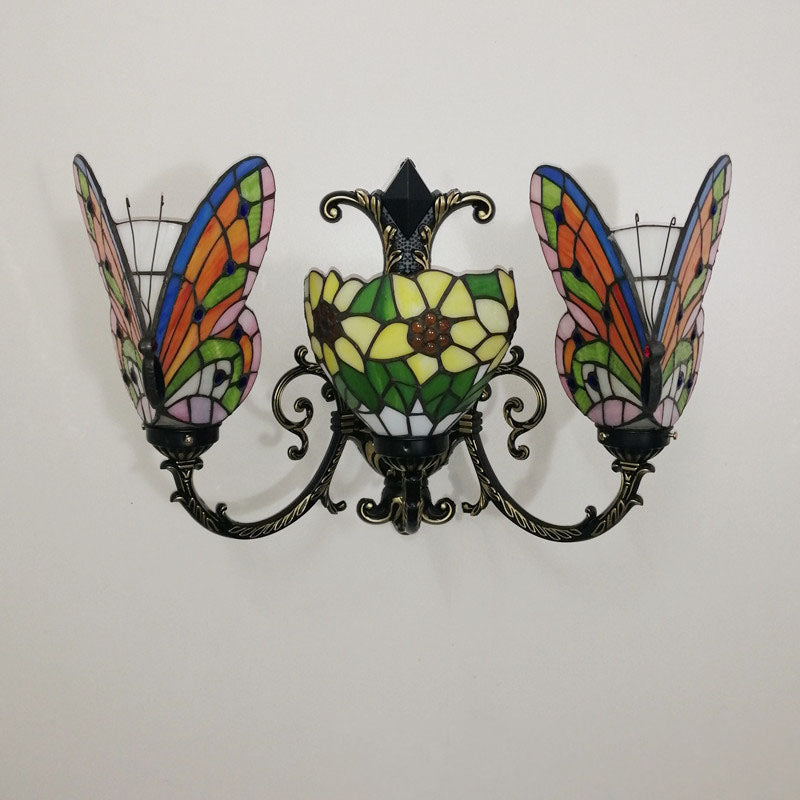 Traditional Tiffany European Butterfly Alloy Iron Glass 3-Light Wall Sconce Lamp For Hallway