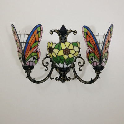 Traditional Tiffany European Butterfly Stained Glass 3-Light Wall Sconce Lamp For Hallway