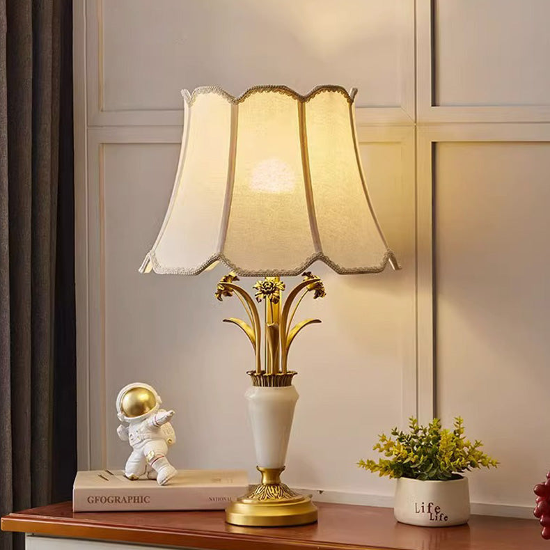 Contemporary Luxury Fabric Shade Jade All Copper Carved Base 1 Light Table Lamp For Home Office
