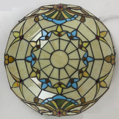 Traditional Tiffany Round Shell Bead Stained Glass 2-Light Flush Mount Ceiling Light For Hallway