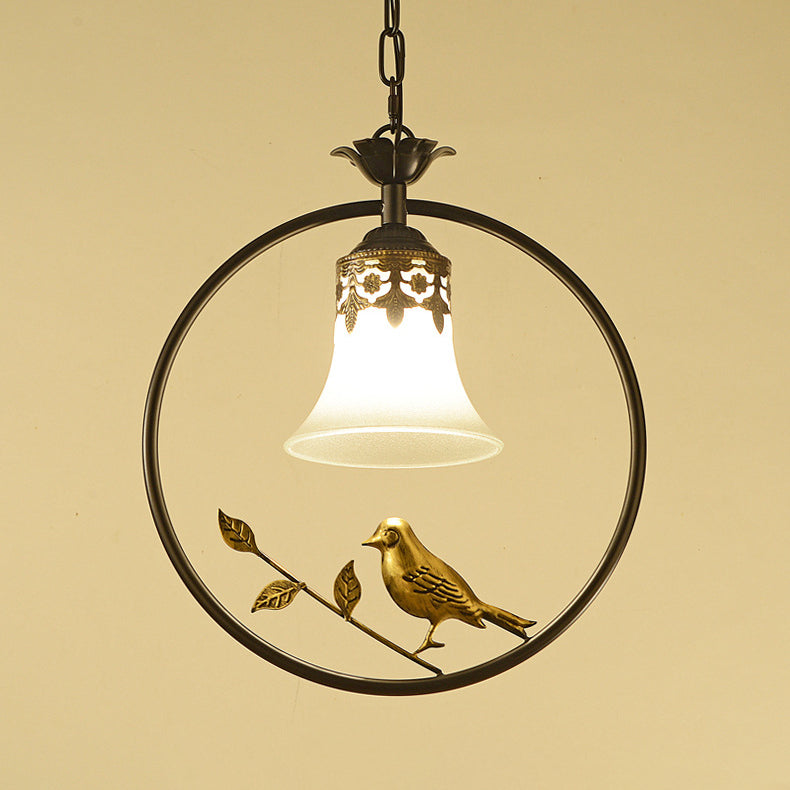 Traditionelle Vintage Eisenring Vogel Dekor Blume Glasschirm 1-Licht Pendelleuchte für Wohnzimmer 