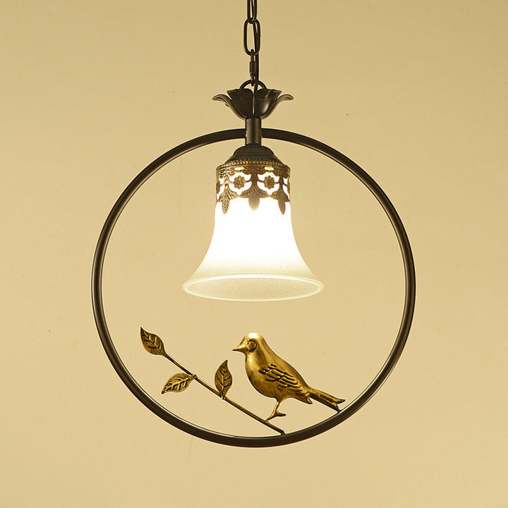 Traditionelle Vintage Eisenring Vogel Dekor Blume Glasschirm 1-Licht Pendelleuchte für Wohnzimmer 