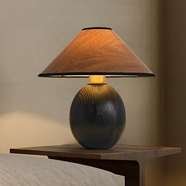 Lámpara de mesa de 1 luz de tela de madera maciza trapezoidal redonda tradicional japonesa para dormitorio 