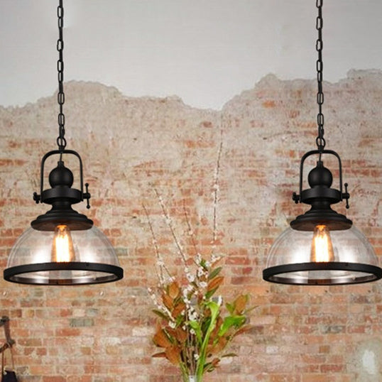 Zeitgenössische industrielle Kuppel Eisen Glas 1-Licht Pendelleuchte für Wohnzimmer 