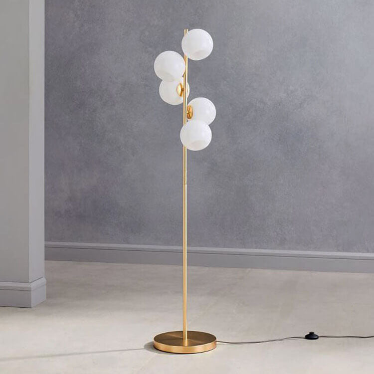 Modern Minimalist Glass Round Ball Gold Long Pole 5-Light Standing Floor Lamp for Living Room