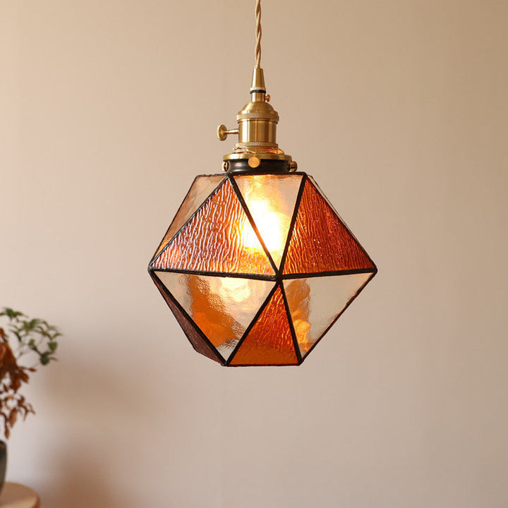 Traditionelle Vintage polygonale Messing Buntglas 1-Licht Pendelleuchte für Wohnzimmer 