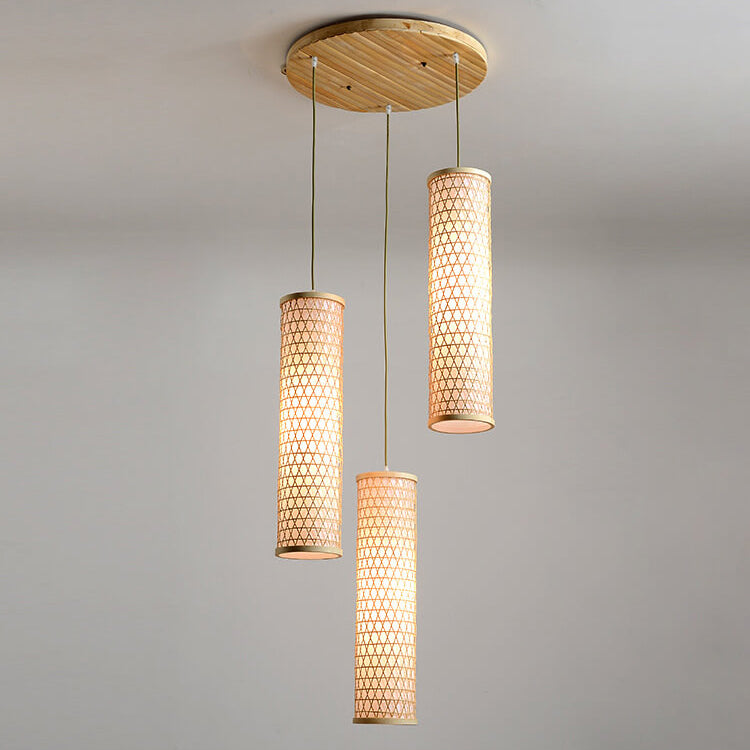 Modern Chinese Bamboo Weaving PVC Cylinder 1/3 Light Island Light Chandelier