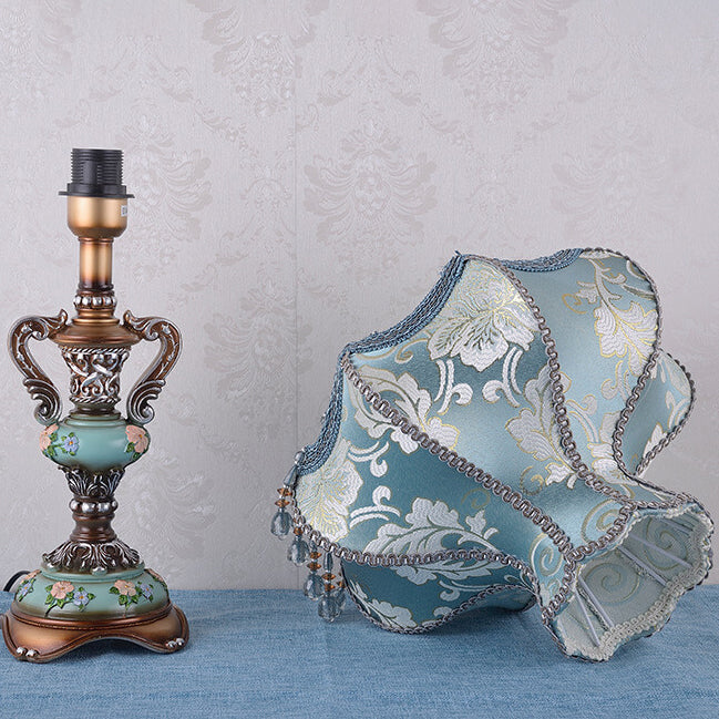 Traditional European Blue Fabric Tassel Resin 1-Light Table Lamp For Bedroom