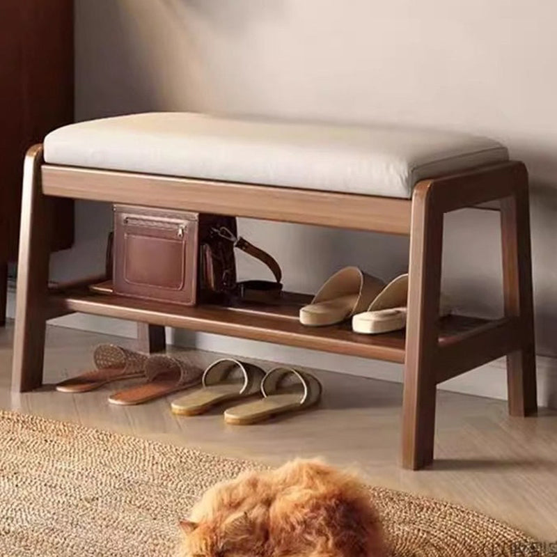 Banco zapatero rectangular de madera de caucho y cuero antirrayaduras estilo escandinavo contemporáneo con 1 estante para recibidores 