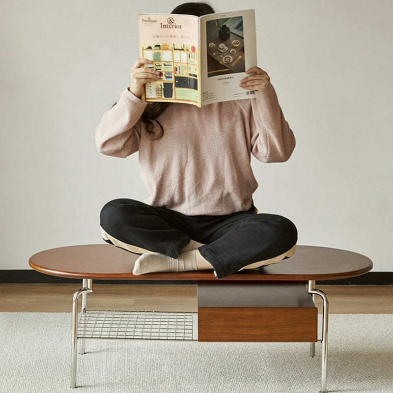 Table basse contemporaine rétro elliptique en bois de pin, bois de cerisier et acier inoxydable à 2 niveaux pour le salon 