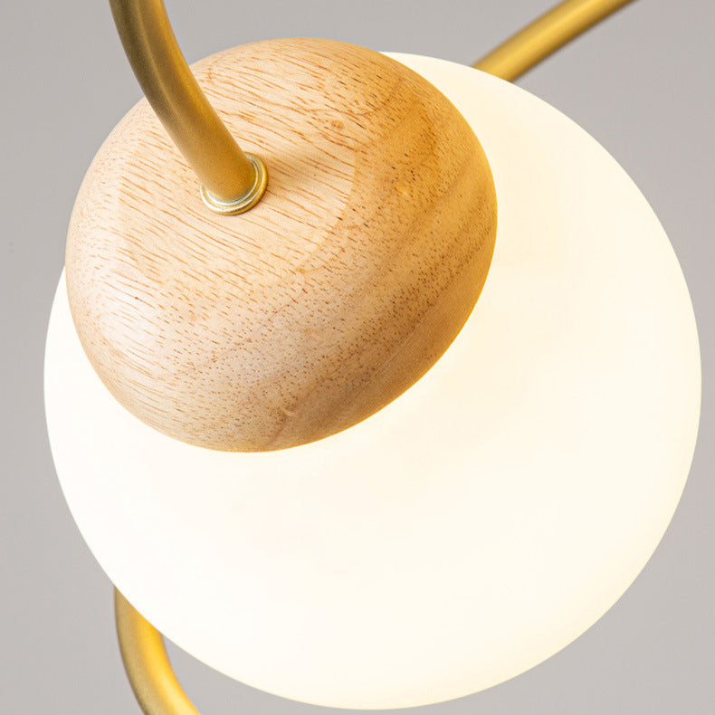 Zeitgenössischer nordischer runder Kronleuchter aus Eisen, Holz und Glas mit 4/6 Lichtern für Wohnzimmer 