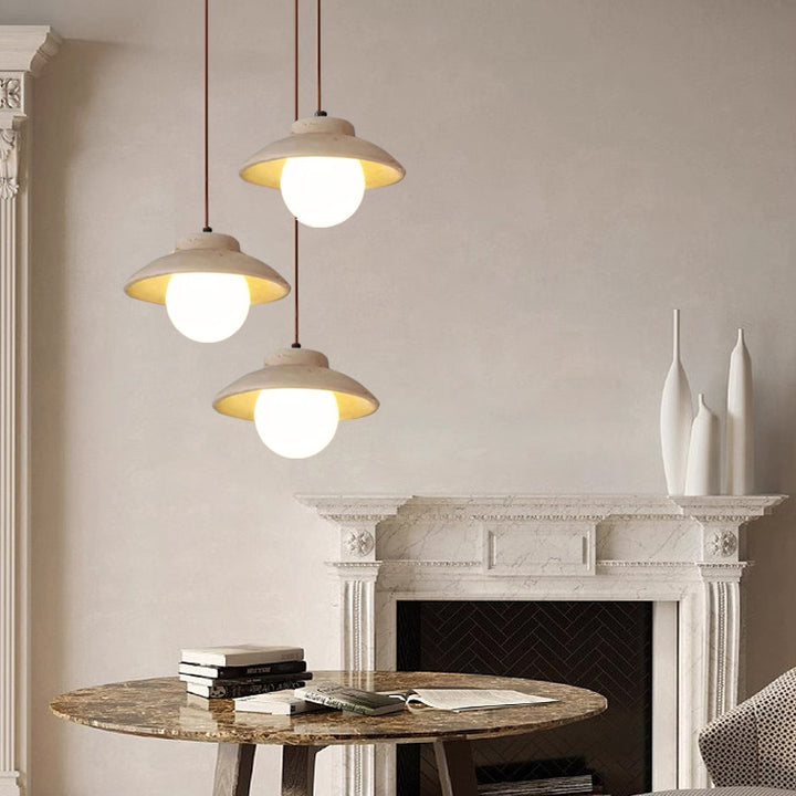 Suspension Luminaire 1 Lumière en Bois et Pierre Naturelle de Forme Bol Vintage Traditionnelle pour Chambre 