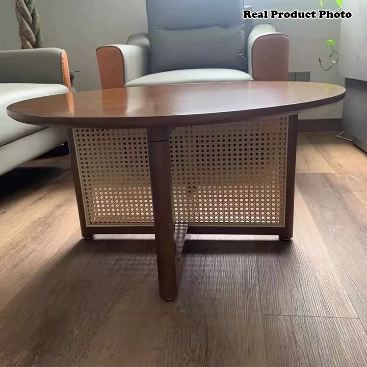 Traditional Japanese Weaving Round  Faux Rattan Rubberwood Coffee Table For Living Room