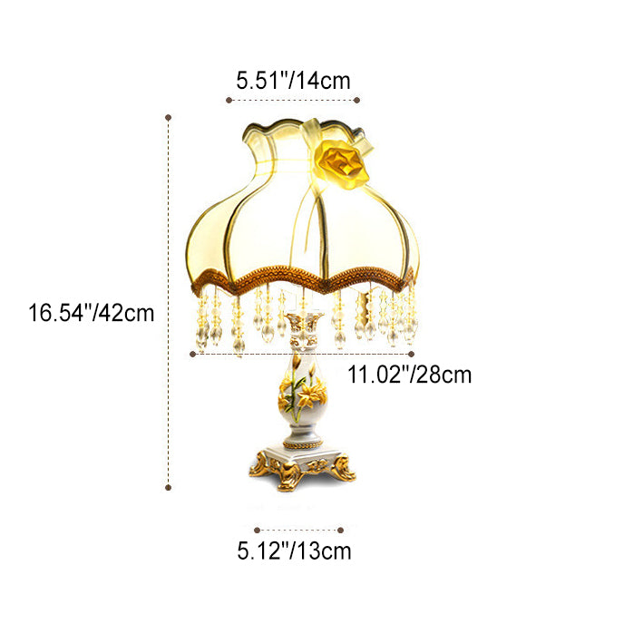 Traditional European Flower Pleated Fabric Resin Base 1-Light Table Lamp For Living Room