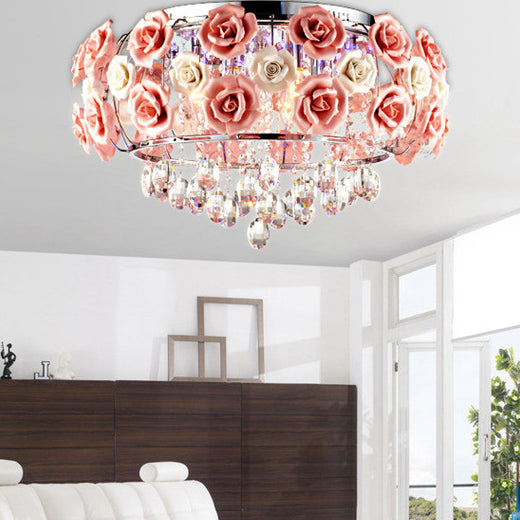 Moderne Minimaliste Rose Ronde Cristal Branche Cristal Fer 5/6 Lumière Plafonnier Pour Chambre 