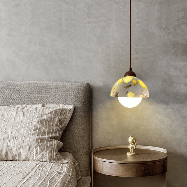 Moderne minimalistische runde Halbkugel Zement Massivholz 1-Licht Pendelleuchte für Schlafzimmer