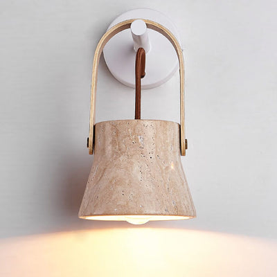 Japanese Retro Walnut Yellow Travertine Round 1-Light Wall Sconce Lamp