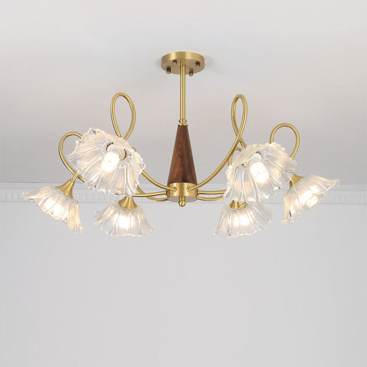 Lámpara de araña tradicional vintage de vidrio floral, madera y cobre con ramas de cristal de 3/6/8 luces para sala de estar 