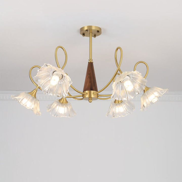 Lámpara de araña tradicional vintage de vidrio floral, madera y cobre con ramas de cristal de 3/6/8 luces para sala de estar 