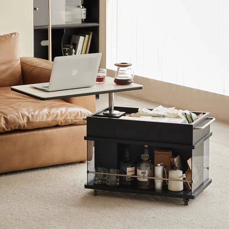 Moderner minimalistischer rechteckiger Holzplatten-Glas-Edelstahl-Beistelltisch mit 3-Staufächern, anhebbar für das Wohnzimmer 