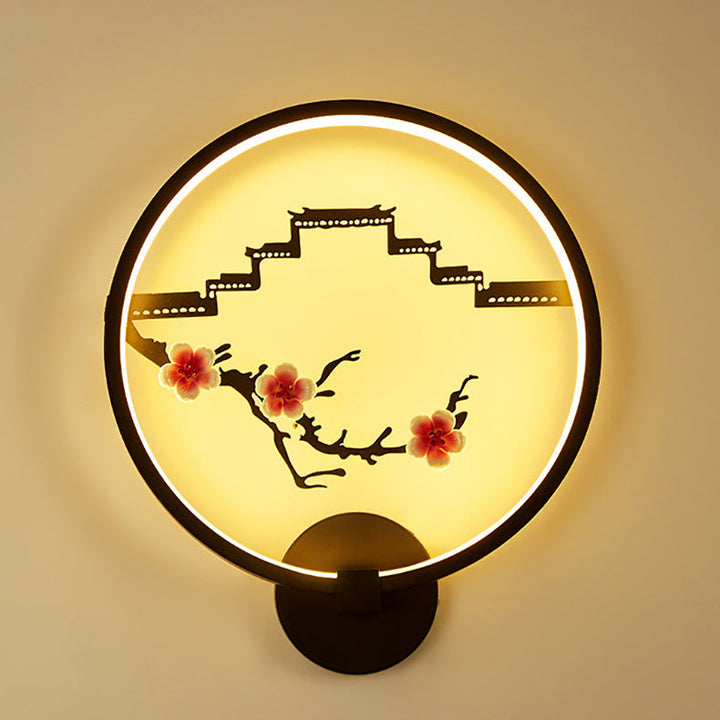 Traditionelle chinesische runde Pflaumenblüte Lotusblatt Aluminium Acryl LED Wandleuchte Lampe für Wohnzimmer 