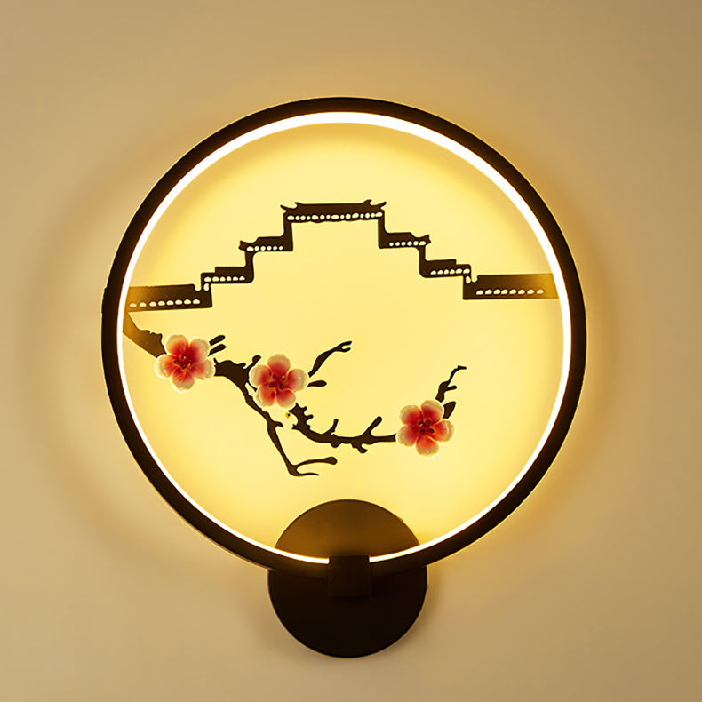 Traditionelle chinesische runde Pflaumenblüte Lotusblatt Aluminium Acryl LED Wandleuchte Lampe für Wohnzimmer 