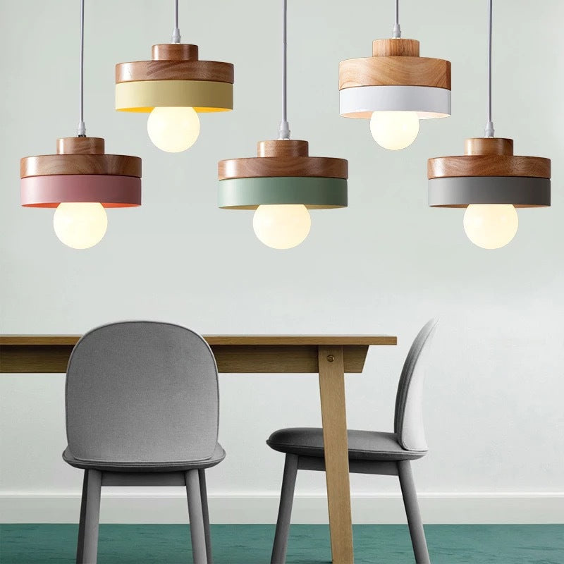 Moderne minimalistische Macaron Square Eisen Holz 1-Licht Pendelleuchte für Wohnzimmer 